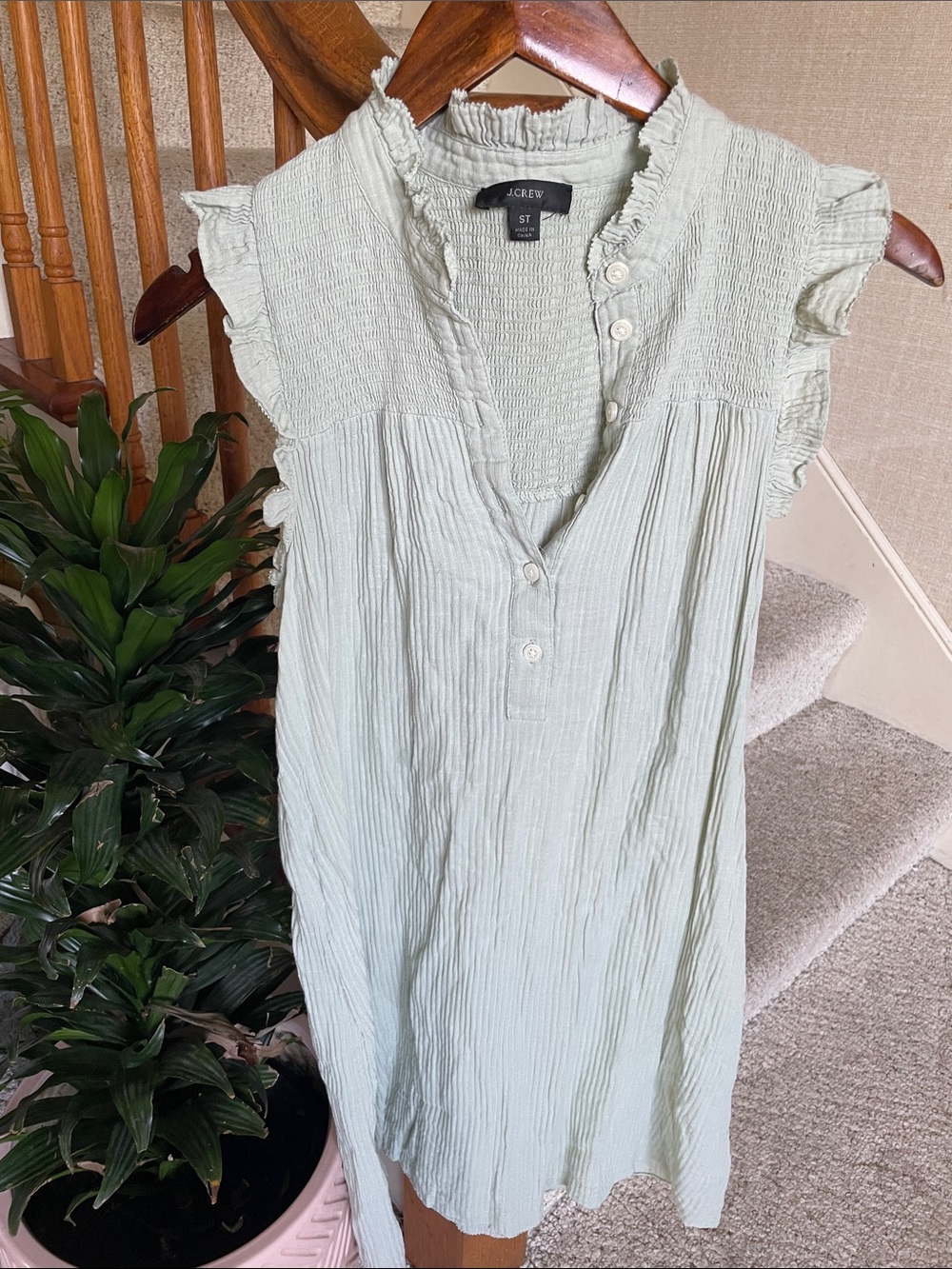 J. Crew Pale Sage Ruffle Sleeve Crinkled Summer Sun Dress ST